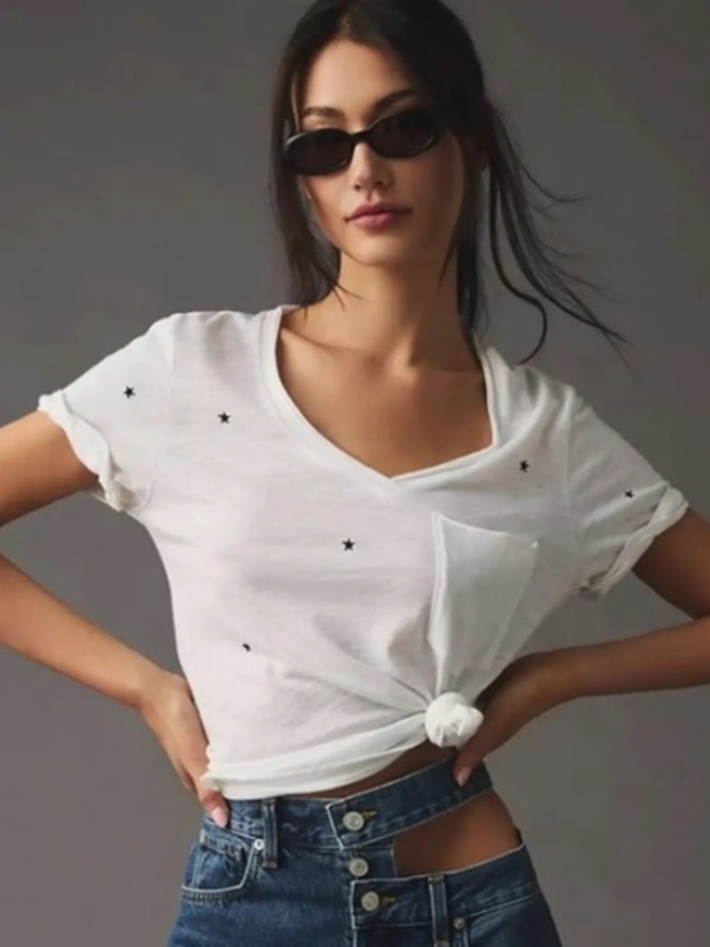 T.La White V-Neck Tee with Black Star Accents